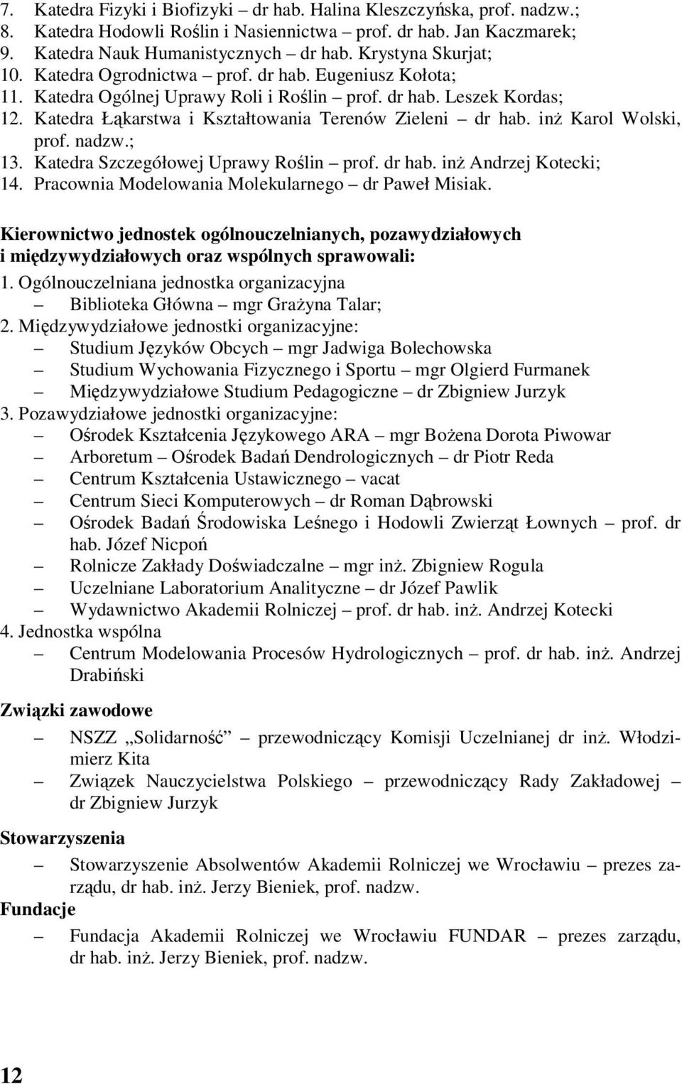 Katedra Łąkarstwa i Kształtowania Terenów Zieleni dr hab. inż Karol Wolski, prof. nadzw.; 13. Katedra Szczegółowej Uprawy Roślin prof. dr hab. inż Andrzej Kotecki; 14.