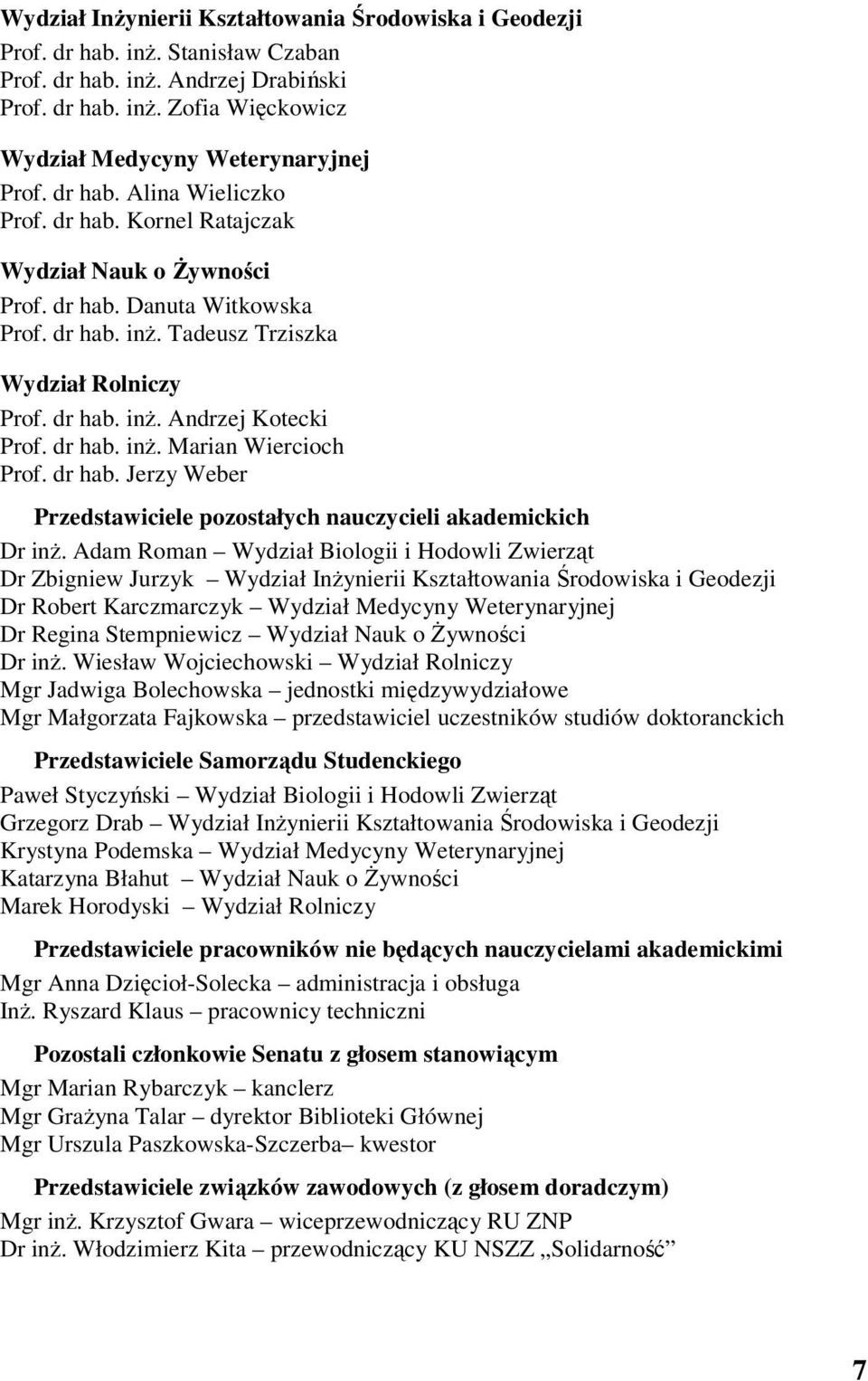 dr hab. inż. Marian Wiercioch Prof. dr hab. Jerzy Weber Przedstawiciele pozostałych nauczycieli akademickich Dr inż.
