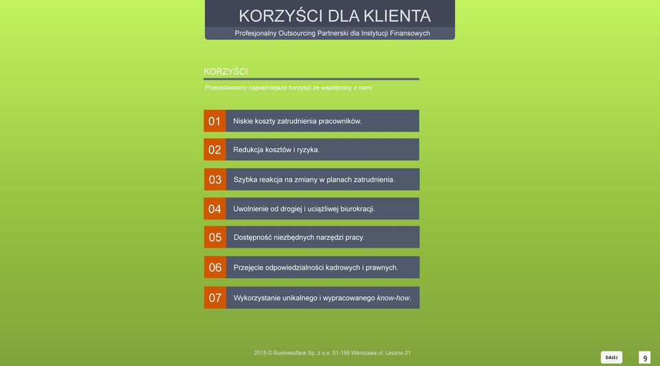 03 Szybka reakcja na zmiany w planach zatrudnienia. 04 Uwolnienie od drogiej i uciążliwej biurokracji.