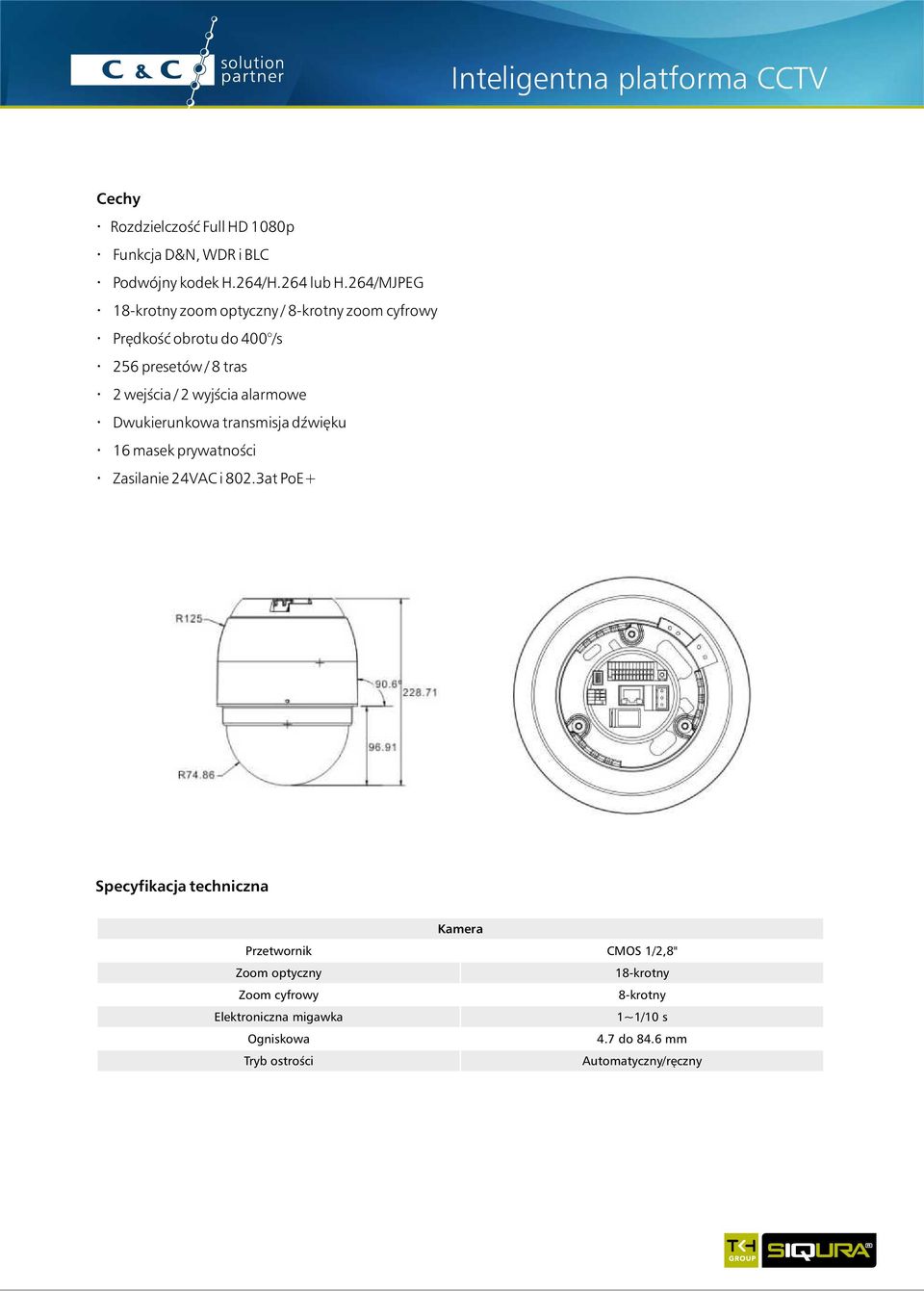 wyjścia alarmowe Dwukierunkowa transmisja dźwięku 16 masek prywatności Zasilanie 24VAC i 802.