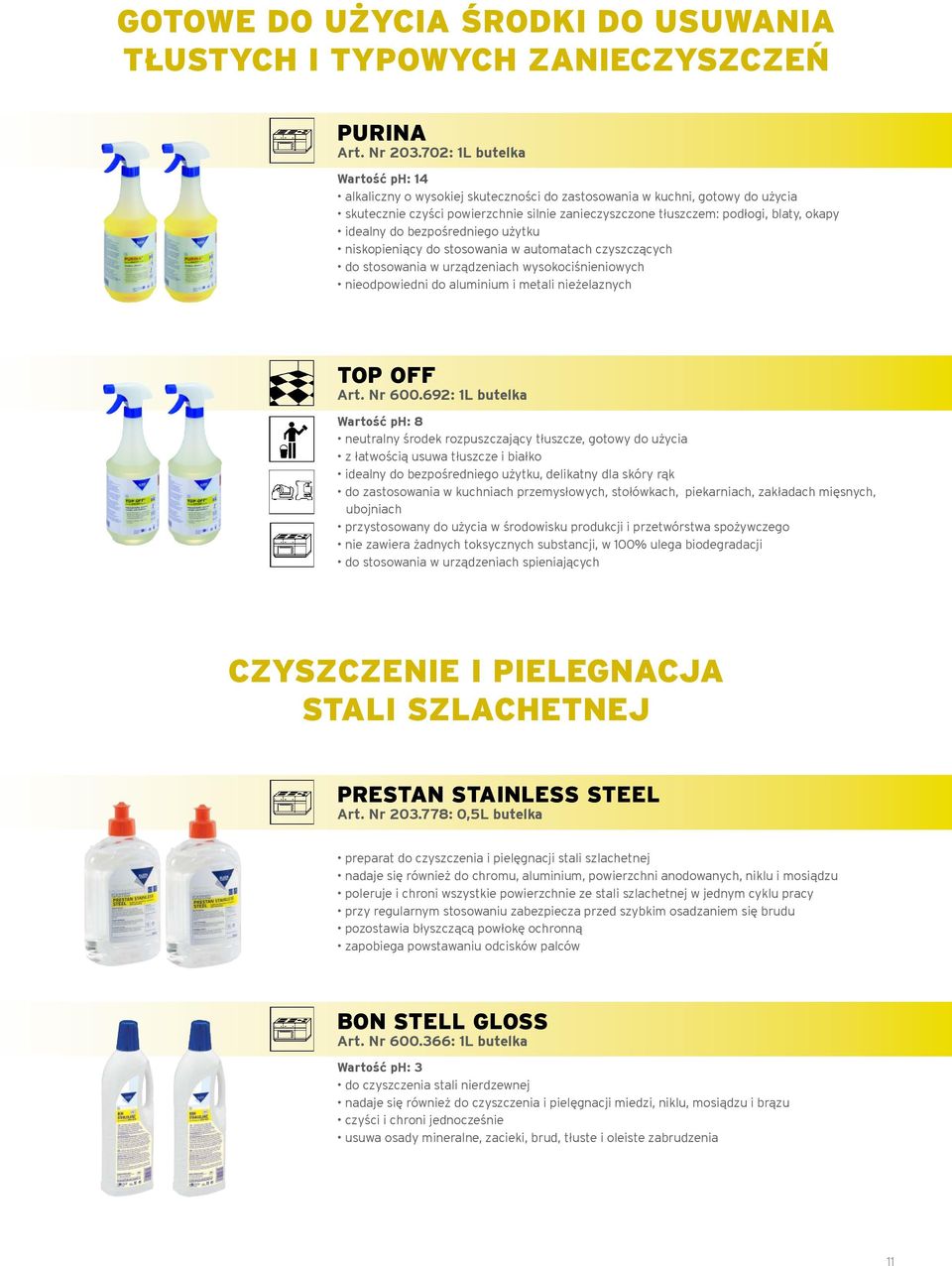 idealny do bezpośredniego użytku niskopieniący do stosowania w automatach czyszczących do stosowania w urządzeniach wysokociśnieniowych nieodpowiedni do aluminium i metali nieżelaznych TOP OFF Art.