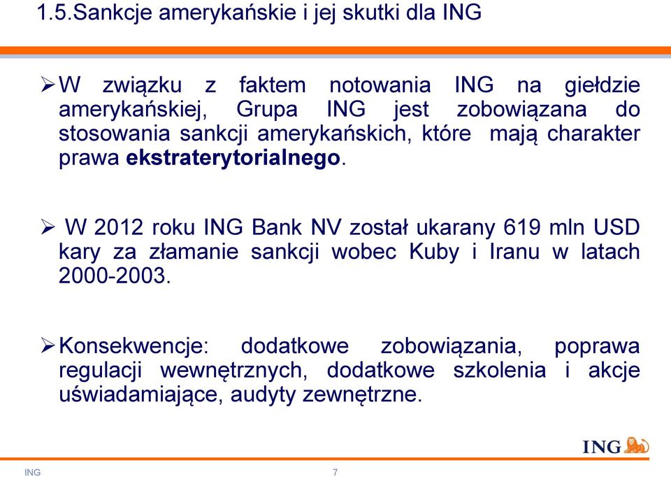W 2012 roku ING Bank NV został ukarany 619 mln USD kary za złamanie sankcji wobec Kuby i Iranu w latach 2000-2003.