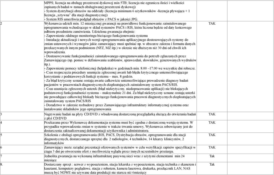 12 miesięcznej gwarancji na prawidłowe funkcjonowanie zainstalowanego oprogramowania wchodzącego w skład systemów PACS i RIS, która liczona będzie od daty końcowego odbioru przedmiotu zamówienia.