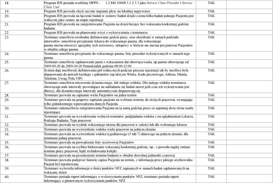Program RIS pozwala na zarejestrowanie Pacjenta na dzień bieżący bez wskazania konkretnej godziny badania 22. Program RIS pozwala na planowanie wizyt z wykorzystania z terminarza 23.