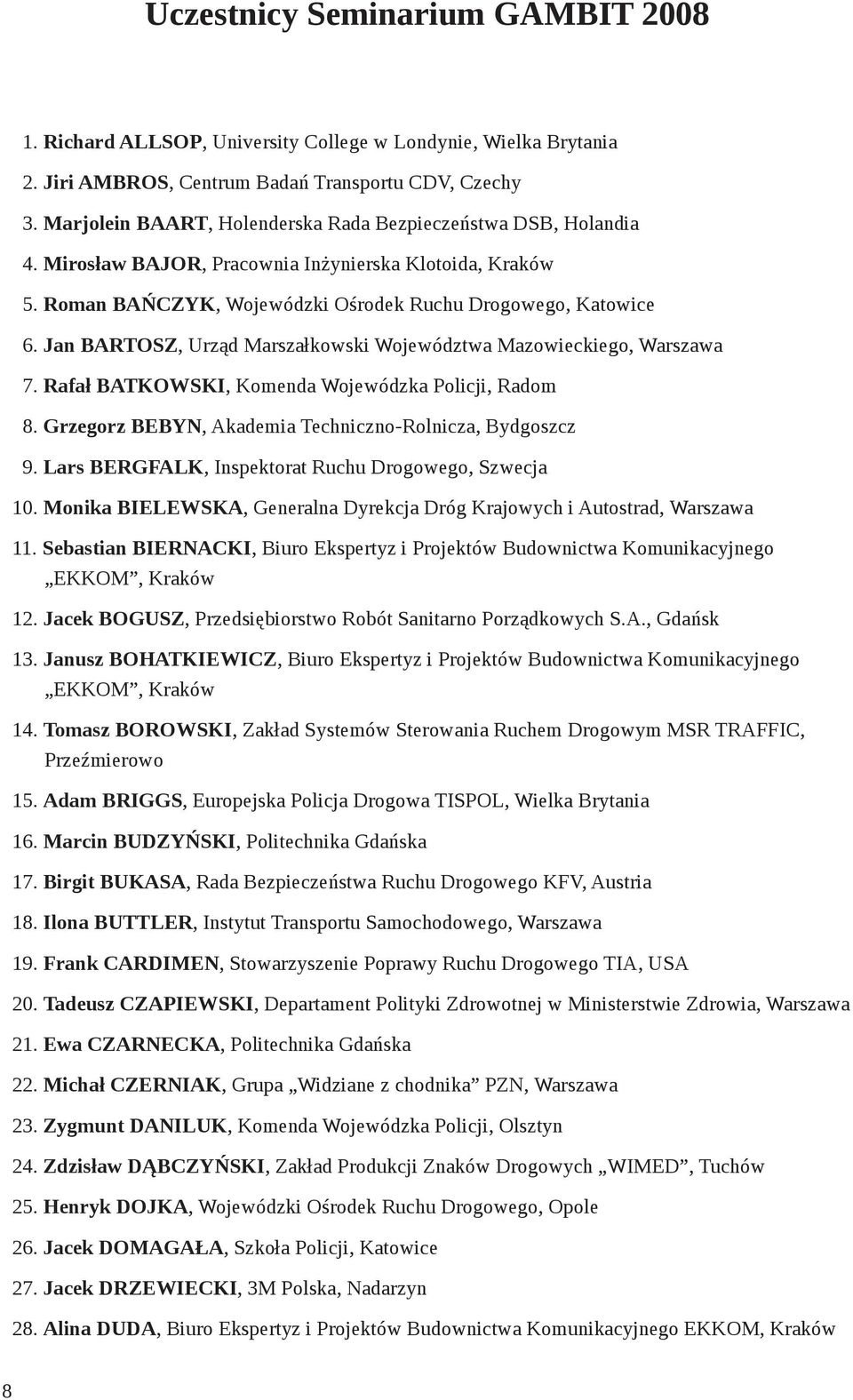 Jan BARTOSZ, Urząd Marszałkowski Województwa Mazowieckiego, Warszawa 7. Rafał BATKOWSKI, Komenda Wojewódzka Policji, Radom 8. Grzegorz BEBYN, Akademia Techniczno-Rolnicza, Bydgoszcz 9.