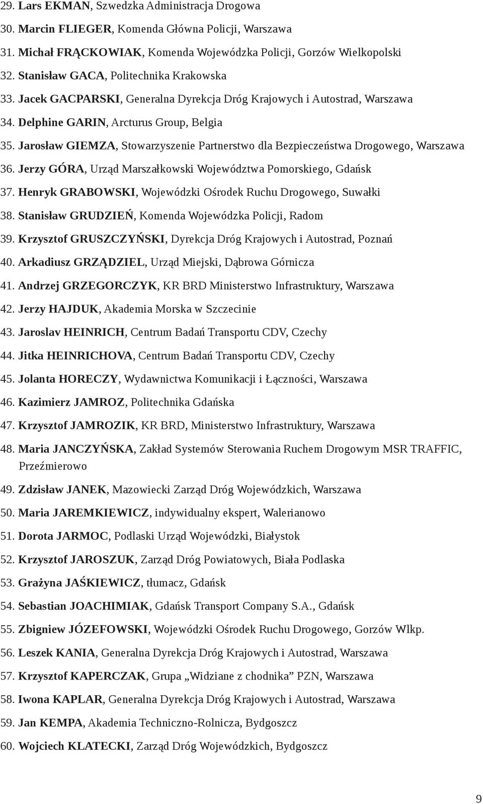 Jarosław GIEMZA, Stowarzyszenie Partnerstwo dla Bezpieczeństwa Drogowego, Warszawa 36. Jerzy GÓRA, Urząd Marszałkowski Województwa Pomorskiego, Gdańsk 37.