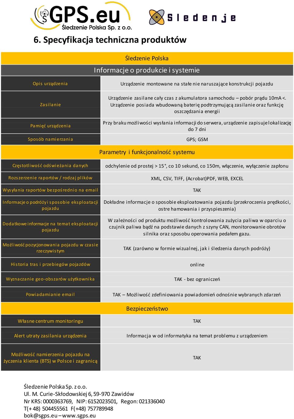 Urządzenie posiada wbudowaną baterię podtrzymującą zasilanie oraz funkcję oszczędzania energii Przy braku możliwości wysłania informacji do serwera, urządzenie zapisuje lokalizację do 7 dni GPS; GSM
