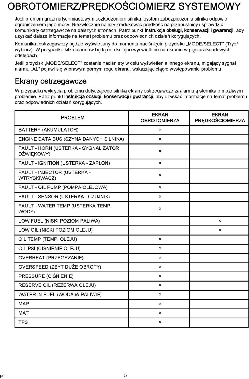 Patrz punkt Instrukcja obsługi, konserwacji i gwarancji, aby uzyskać dalsze informacje na temat problemu oraz odpowiednich działań korygujących.