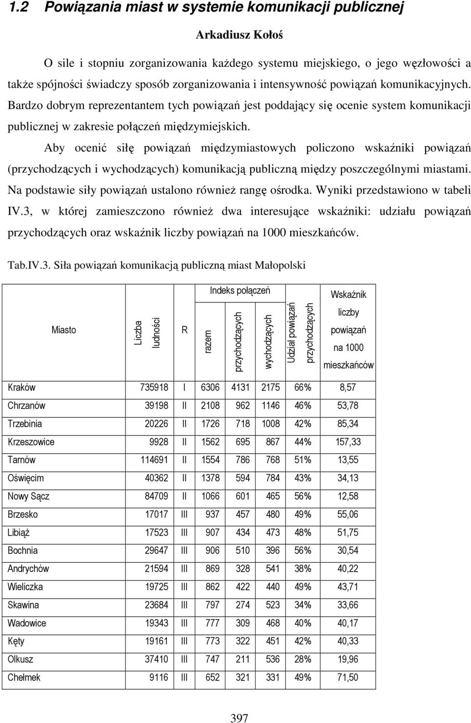 Aby ocenić siłę powiązań międzymiastowych policzono wskaźniki powiązań (przychodzących i wychodzących) komunikacją publiczną między poszczególnymi miastami.