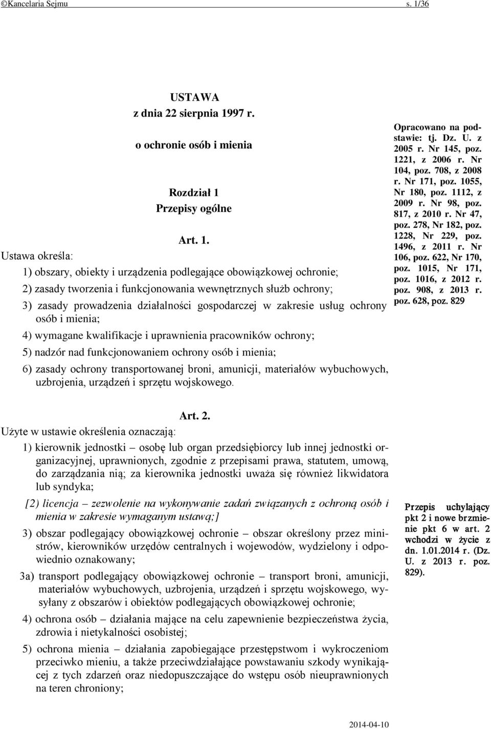 97 r. o ochronie osób i mienia Rozdział 1 