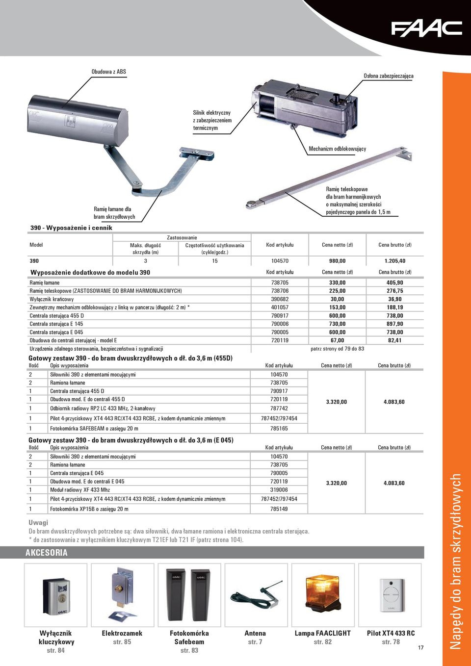 205,40 Wyposażenie dodatkowe do modelu 390 Kod artykułu Cena netto (zł) Cena brutto (zł) Ramię łamane 738705 330,00 405,90 Ramię teleskopowe (ZASTOSOWANIE DO BRAM HARMONIJKOWYCH) 738706 225,00 276,75