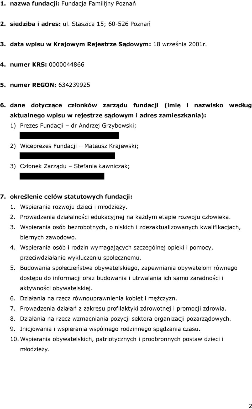 Chwiałkowskiego 28/12, Poznań 2) Wiceprezes Fundacji Mateusz Krajewski; ul. Gorczyczewskiego 2/4, Poznań 3) Członek Zarządu Stefania Ławniczak; Rynek Łazarski 12/10, Poznań 7.