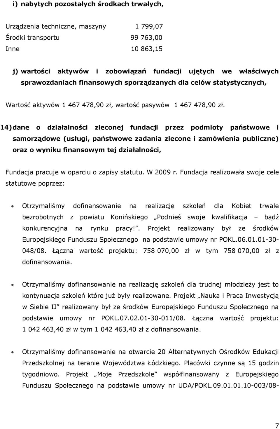 14) dane o działalności zleconej fundacji przez podmioty państwowe i samorządowe (usługi, państwowe zadania zlecone i zamówienia publiczne) oraz o wyniku finansowym tej działalności, Fundacja pracuje