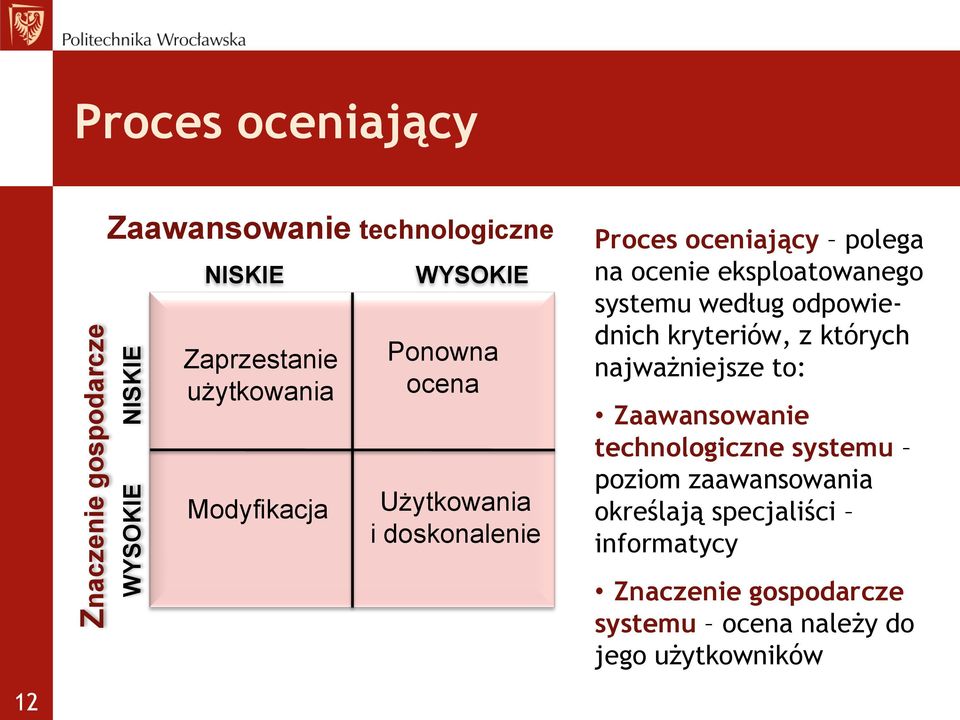 eksploatowanego systemu według odpowiednich kryteriów, z których najważniejsze to: Zaawansowanie technologiczne