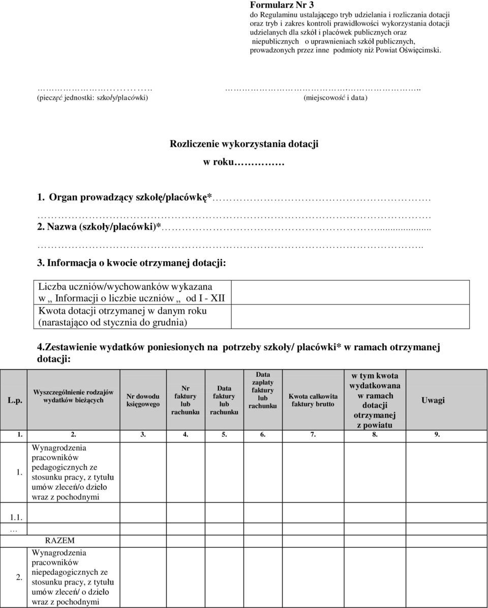 .. Rozliczenie wykorzystania dotacji w roku Data w tym kwota zapł