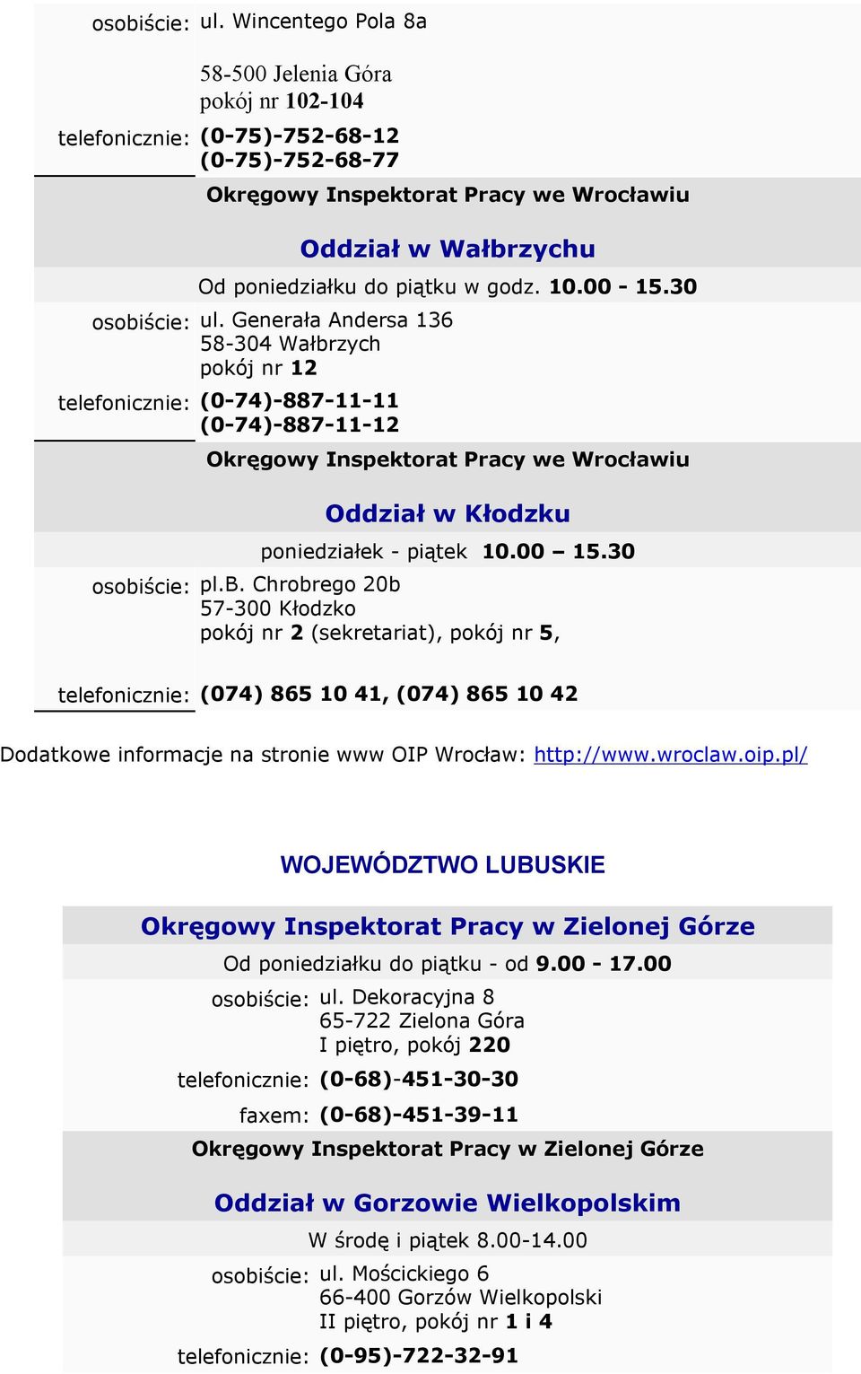 10.00-15.30  Generała Andersa 136 58-304 Wałbrzych pokój nr 12 telefonicznie: (0-74)-887-11-11 (0-74)-887-11-12 Okręgowy Inspektorat Pracy we Wrocławiu Oddział w Kłodzku poniedziałek - piątek 10.