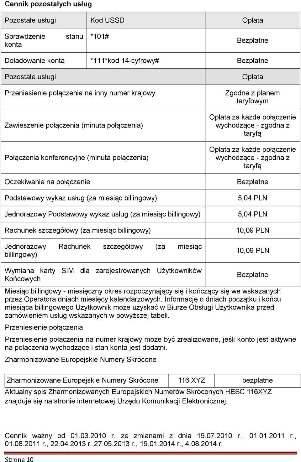 wykaz usług (za miesiąc billingowy) Rachunek szczegółowy (za miesiąc billingowy) Jednorazowy Rachunek szczegółowy (za miesiąc billingowy) Opłata Zgodne z planem taryfowym Opłata za każde połączenie