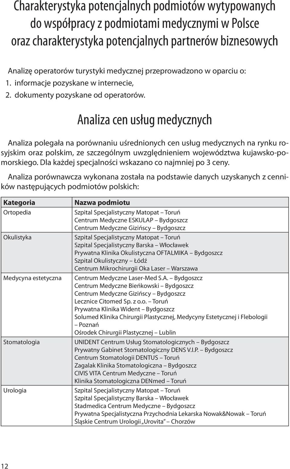 Analiza cen usług medycznych Analiza polegała na porównaniu uśrednionych cen usług medycznych na rynku rosyjskim oraz polskim, ze szczególnym uwzględnieniem województwa kujawsko-pomorskiego.