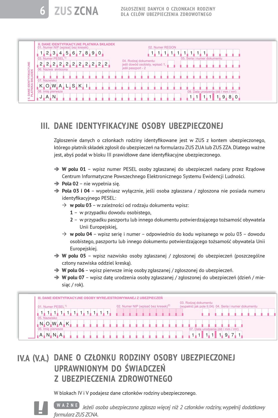 lub ZUS ZZA. Dlatego ważne jest, abyś podał w bloku III prawidłowe dane identyfikacyjne ubezpieczonego.