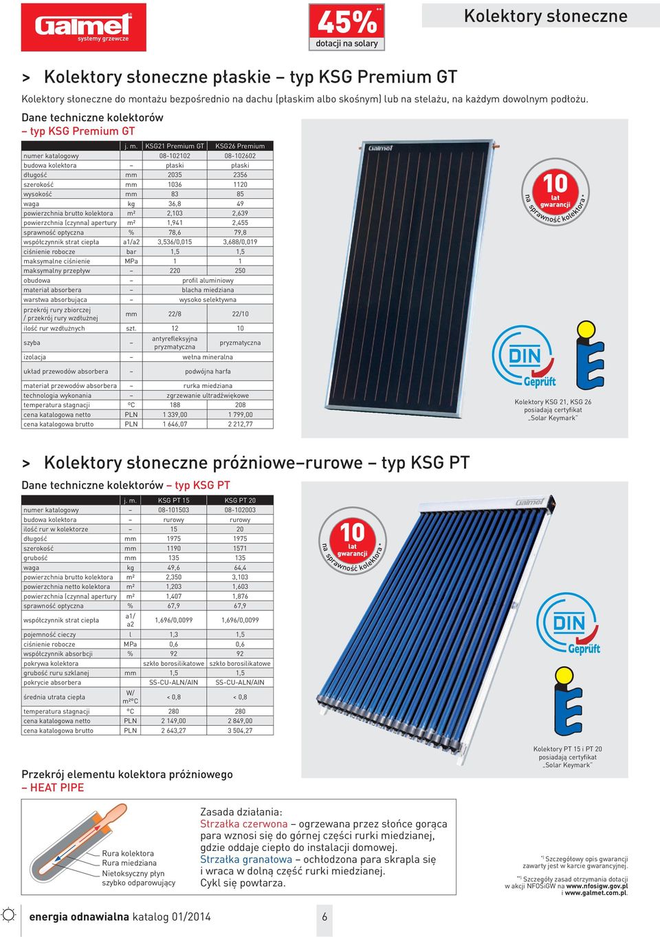 KSG21 Premium GT KSG26 Premium numer katalogowy 08-102102 08-102602 budowa kolektora płaski płaski długość mm 2035 2356 szerokość mm 1036 1120 wysokość mm 83 85 waga kg 36,8 49 powierzchnia brutto