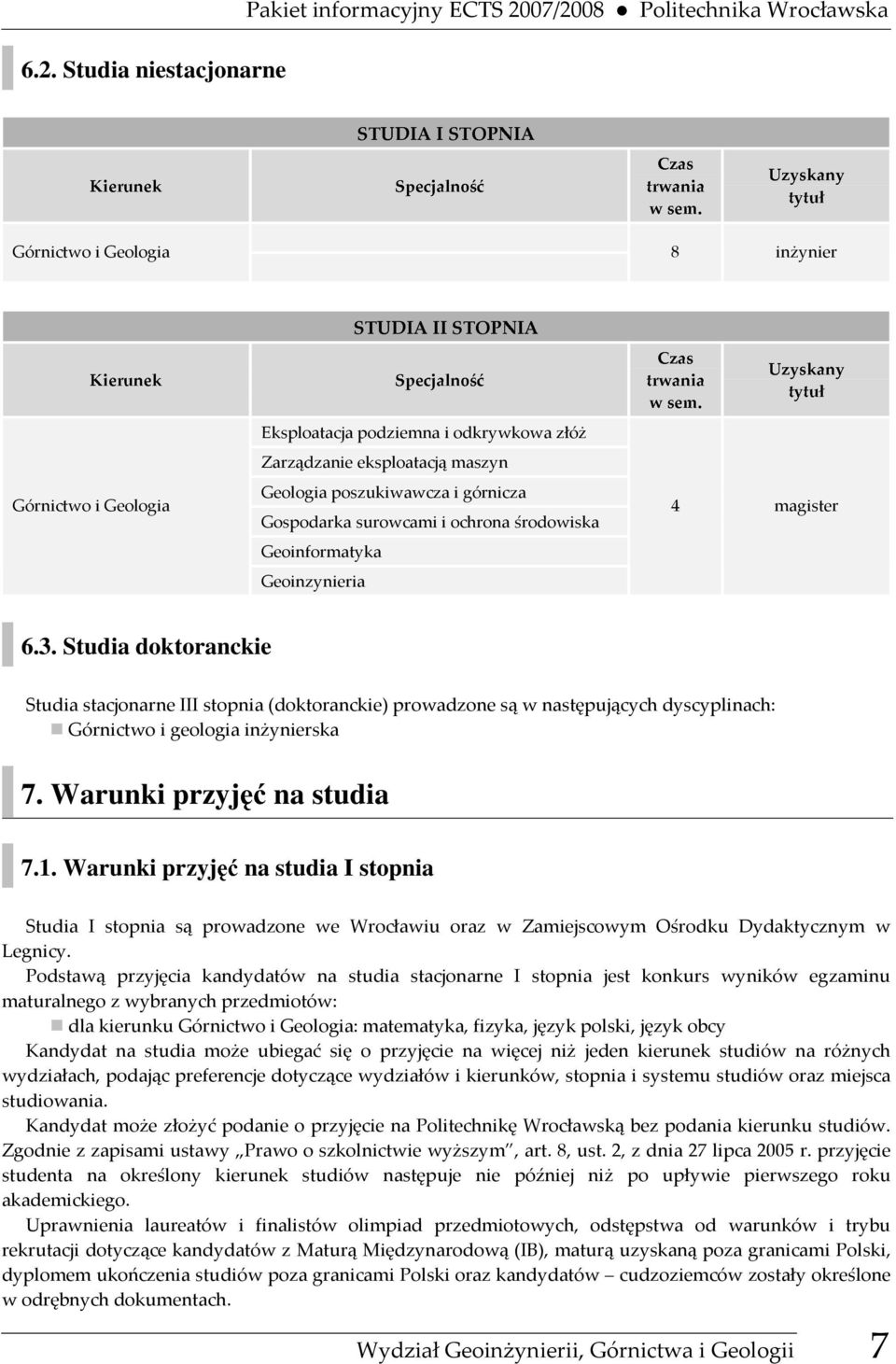 Studia niestacjonarne Górnictwo i Geologia 8 inżynier Górnictwo i Geologia Eksploatacja podziemna i odkrywkowa złóż Zarządzanie eksploatacją maszyn Geologia poszukiwawcza i górnicza Gospodarka