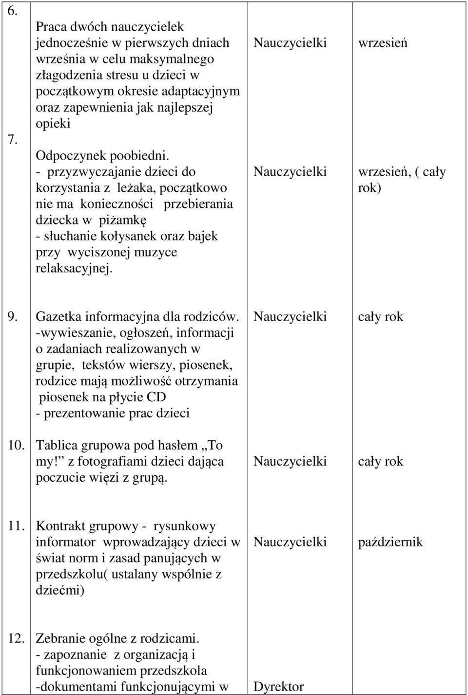 - przyzwyczajanie dzieci do korzystania z leżaka, początkowo nie ma konieczności przebierania dziecka w piżamkę - słuchanie kołysanek oraz bajek przy wyciszonej muzyce relaksacyjnej., ( cały rok) 9.