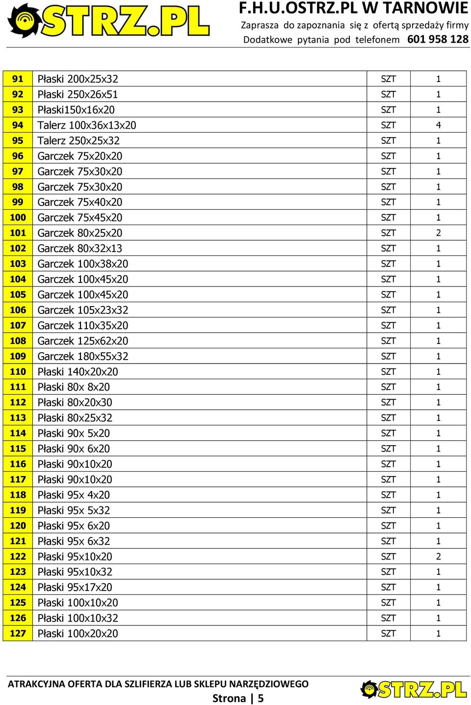 SZT 1 106 Garczek 105x23x32 SZT 1 107 Garczek 110x35x20 SZT 1 108 Garczek 125x62x20 SZT 1 109 Garczek 180x55x32 SZT 1 110 Płaski 140x20x20 SZT 1 111 Płaski 80x 8x20 SZT 1 112 Płaski 80x20x30 SZT 1