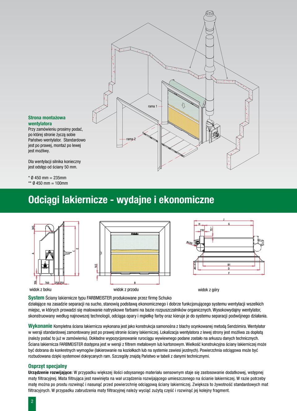 * Ø 450 mm = 235mm ** Ø 450 mm = 100mm Odciągi lakiernicze - wydajne i ekonomiczne * ** widok z boku widok z przodu widok z góry System Ściany lakiernicze typu FARBMEISTER produkowane przez firmę