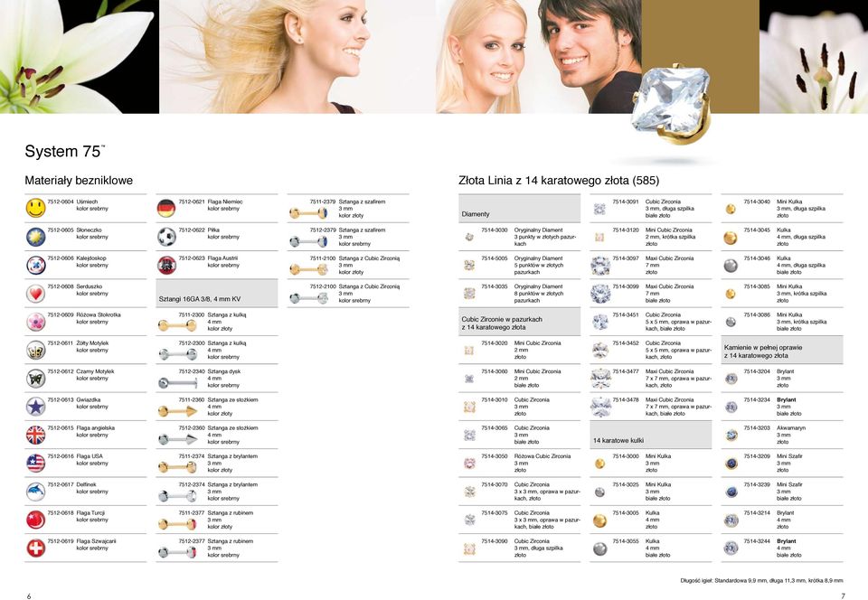 szpilka 7514-3045 Kulka, długa szpilka 7512-0606 Kalejdoskop 7512-0623 Flaga Austrii 7511-2100 Sztanga z Cubic Zirconią 7514-5005 Oryginalny Diament 5 punktów w złotych pazurkach 7514-3097 Maxi Cubic