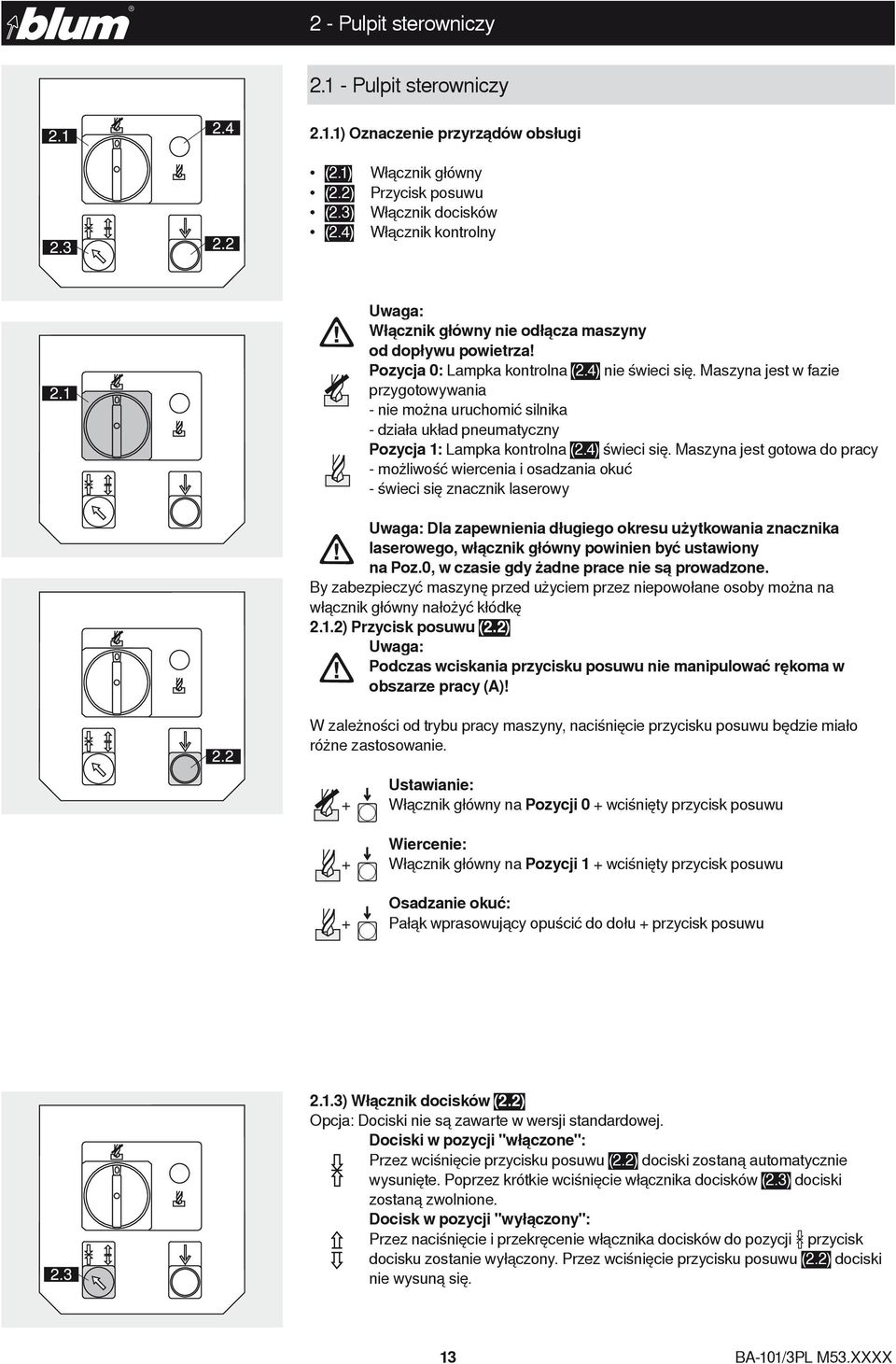 Maszyna jest w fazie przygotowywania - nie można uruchomić silnika - działa układ pneumatyczny Pozycja 1: Lampka kontrolna (2.4) świeci się.