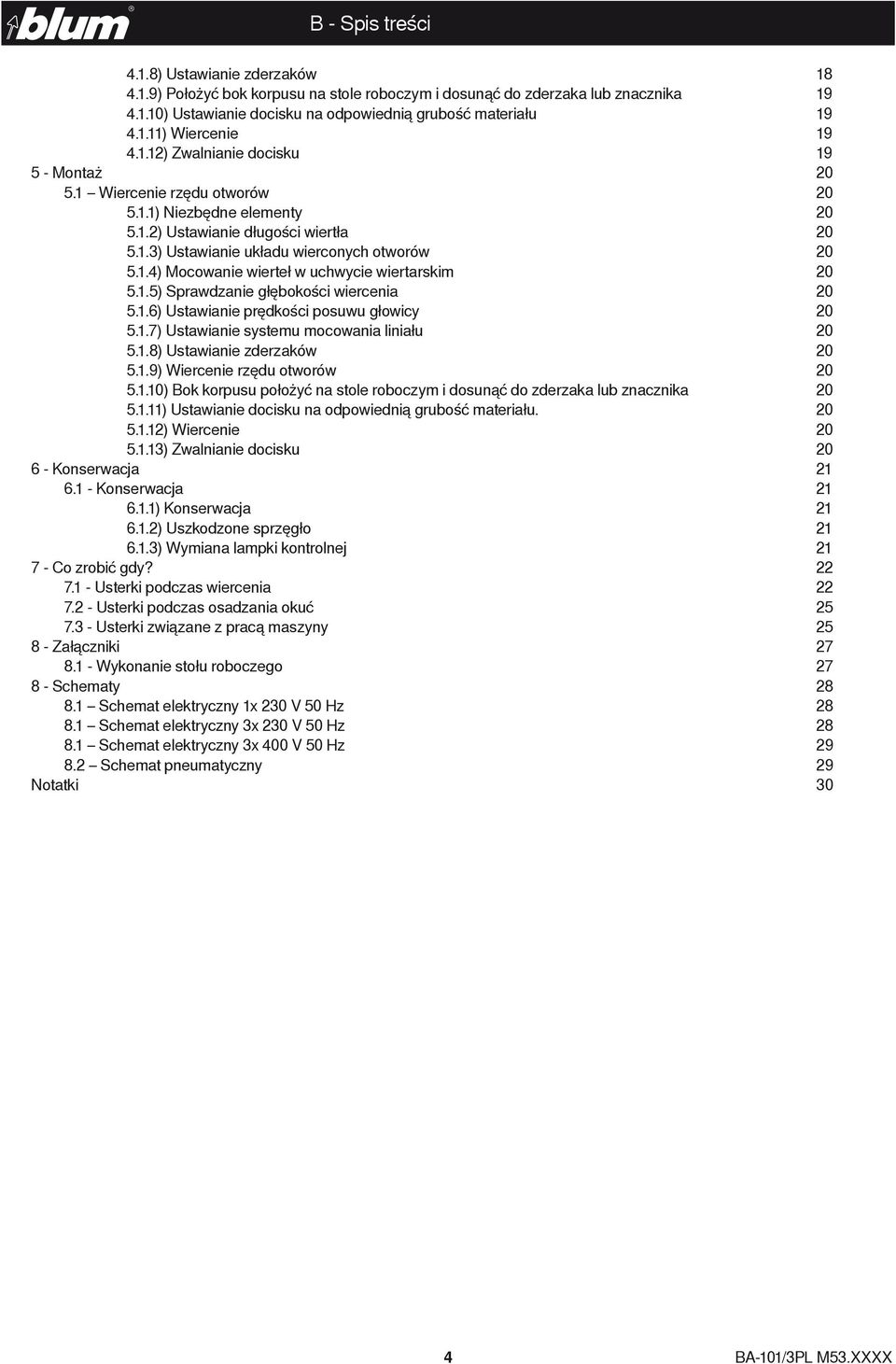1.5) Sprawdzanie głębokości wiercenia 20 5.1.6) Ustawianie prędkości posuwu głowicy 20 5.1.7) Ustawianie systemu mocowania liniału 20 5.1.8) Ustawianie zderzaków 20 5.1.9) Wiercenie rzędu otworów 20 5.