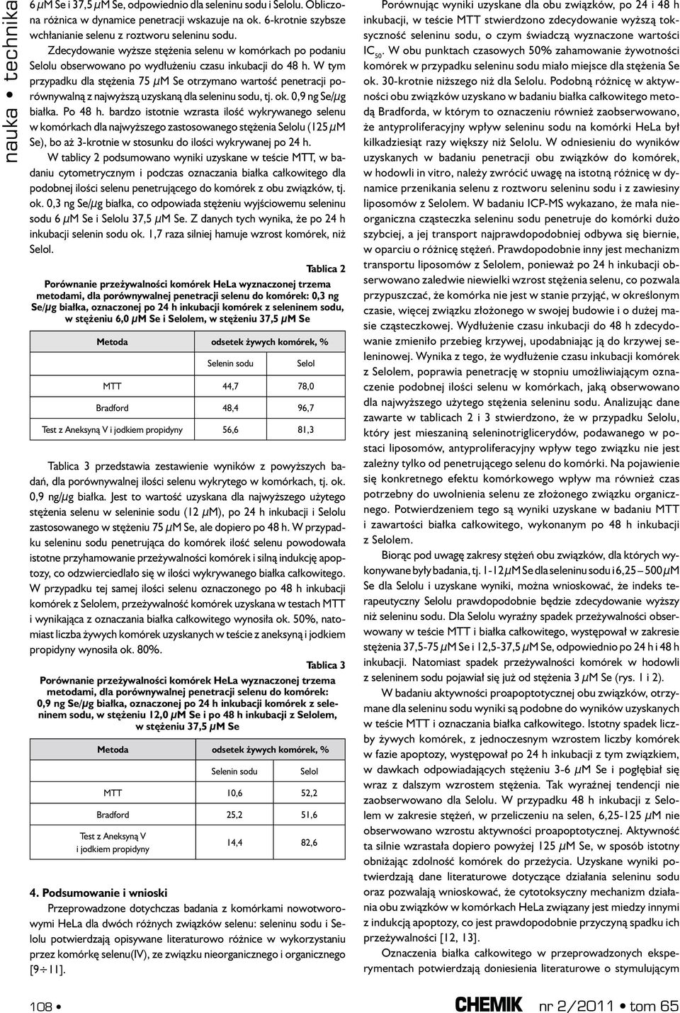 W tym przypadku dla stężenia 75 µm Se otrzymano wartość penetracji porównywalną z najwyższą uzyskaną dla seleninu sodu, tj. ok. 0,9 ng Se/µg białka. Po 48 h.