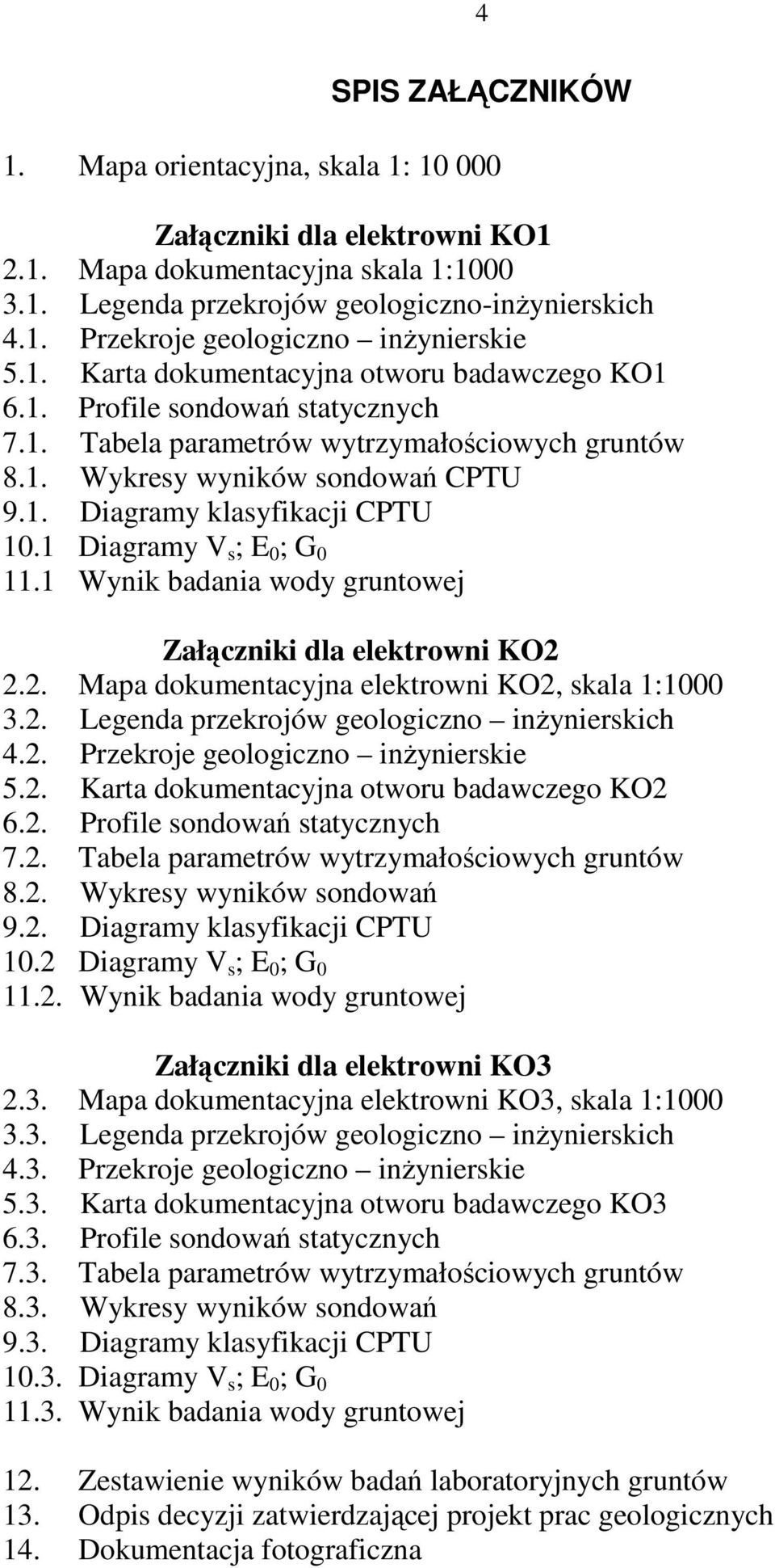 Diagramy V s ; E ; G. Wynik badania wody gruntowej Załączniki dla elektrowni KO.. Mapa dokumentacyjna elektrowni KO, skala :.. Legenda przekrojów geologiczno inŝynierskich.