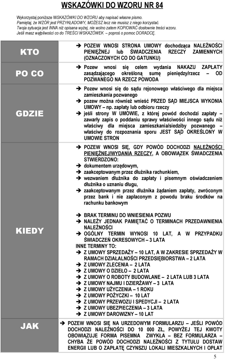 KTO PO CO GDZIE KIEDY JAK POZEW WNOSI STRONA UMOWY dochodząca NALEŻNOŚCI PIENIĘŻNEJ lub ŚWIADCZENIA RZECZY ZAMIENNYCH (OZNACZONYCH CO DO GATUNKU) Pozew wnosi się celem wydania NAKAZU ZAPŁATY