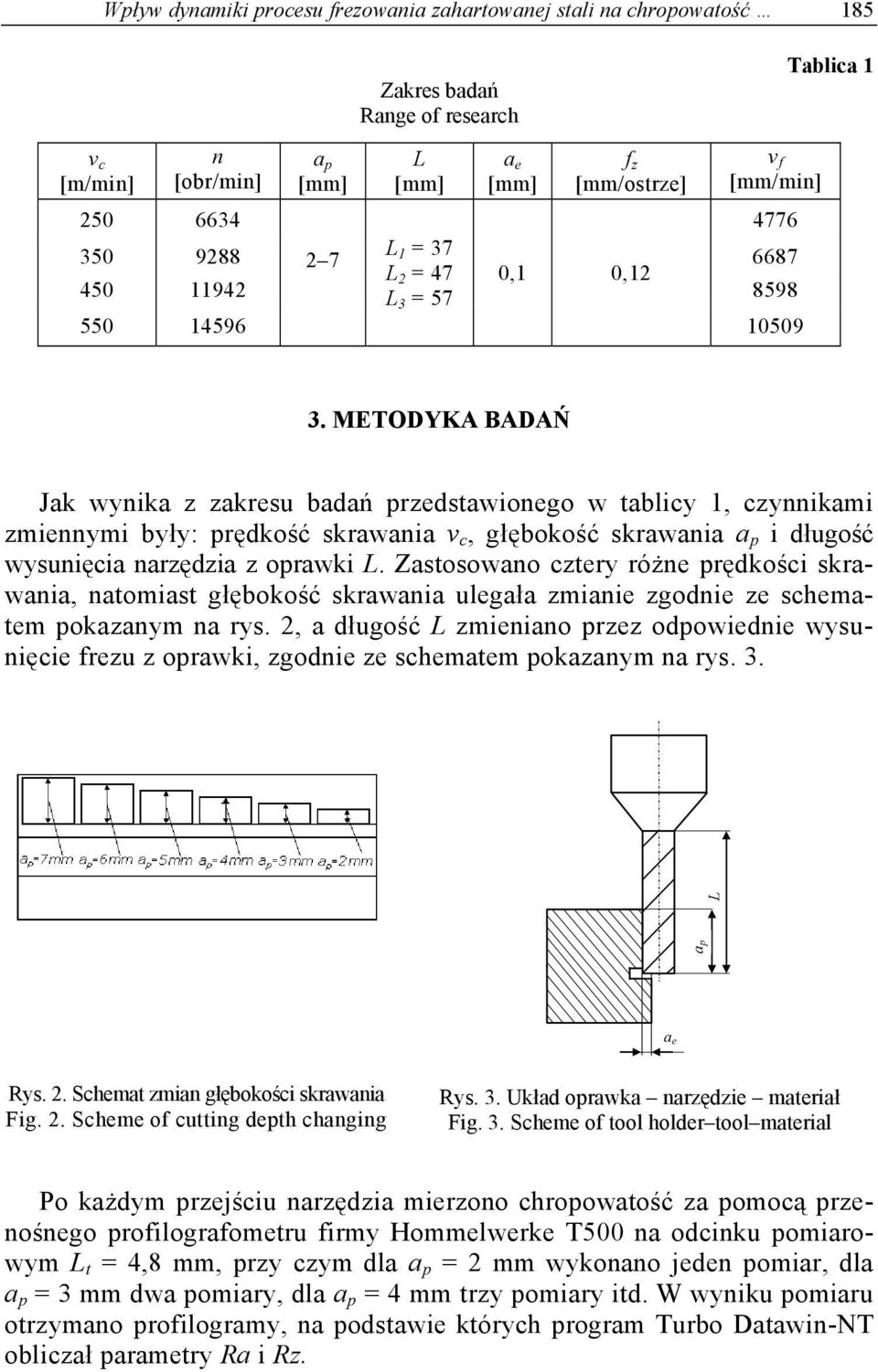 METODYKA BADAŃ Jak wynika z zakresu badań przedstawionego w tablicy 1, czynnikami zmiennymi były: prędkość skrawania v c, głębokość skrawania a p i długość wysunięcia narzędzia z oprawki L.