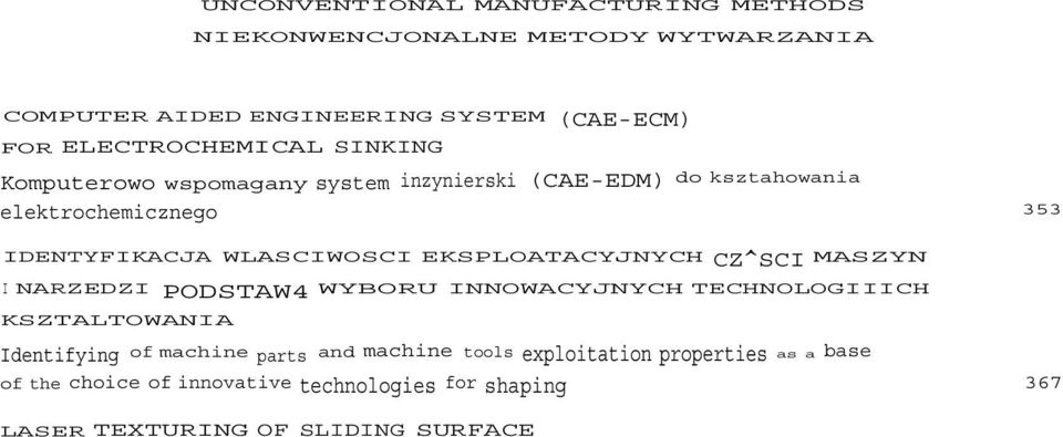 parts and machine tools exploitation properties as a base of the choice of innovative technologies for shaping 367 LASER TEXTURING OF SLIDING SURFACE AND LUBRICATION Laserowe teksturowanie