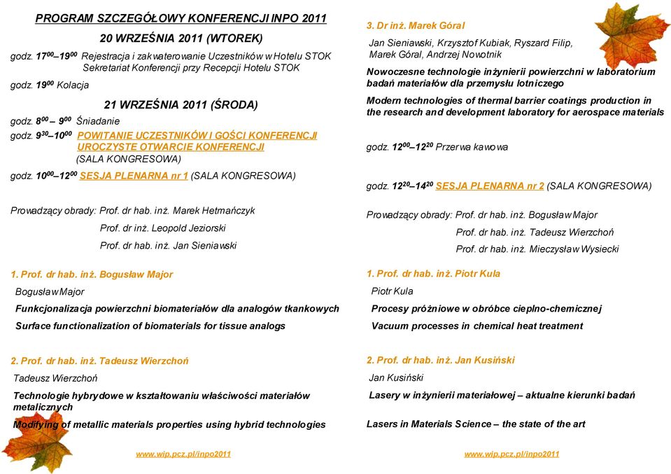 10 00 12 00 SESJA PLENARNA nr 1 (SALA KONGRESOWA) Prowadzący obrady: Prof. dr hab. inż.