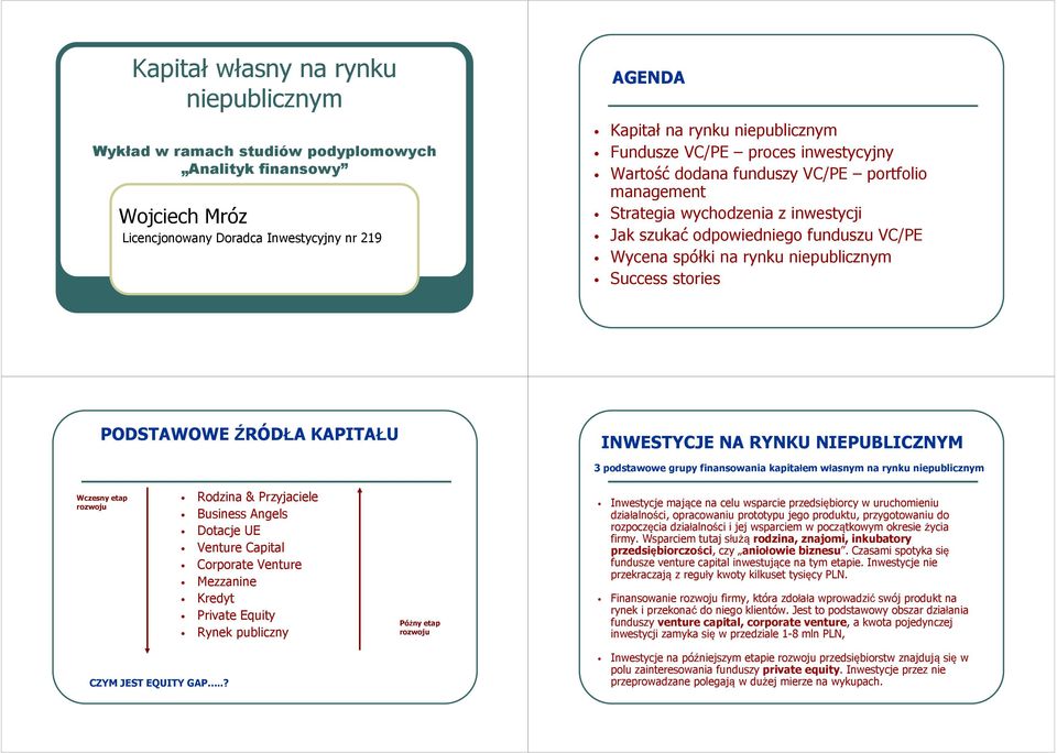 stories PODSTAWOWE ŹRÓDŁA KAPITAŁU INWESTYCJE NA RYNKU NIEPUBLICZNYM 3 podstawowe grupy finansowania kapitałem własnym na rynku niepublicznym Wczesny etap rozwoju Rodzina & Przyjaciele Business