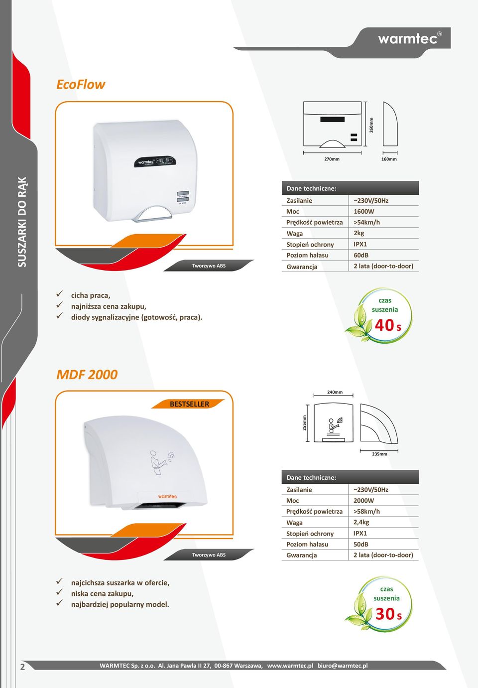 40 s MDF 2000 240mm 255mm BESTSELLER 235mm Tworzywo ABS najcichsza suszarka w