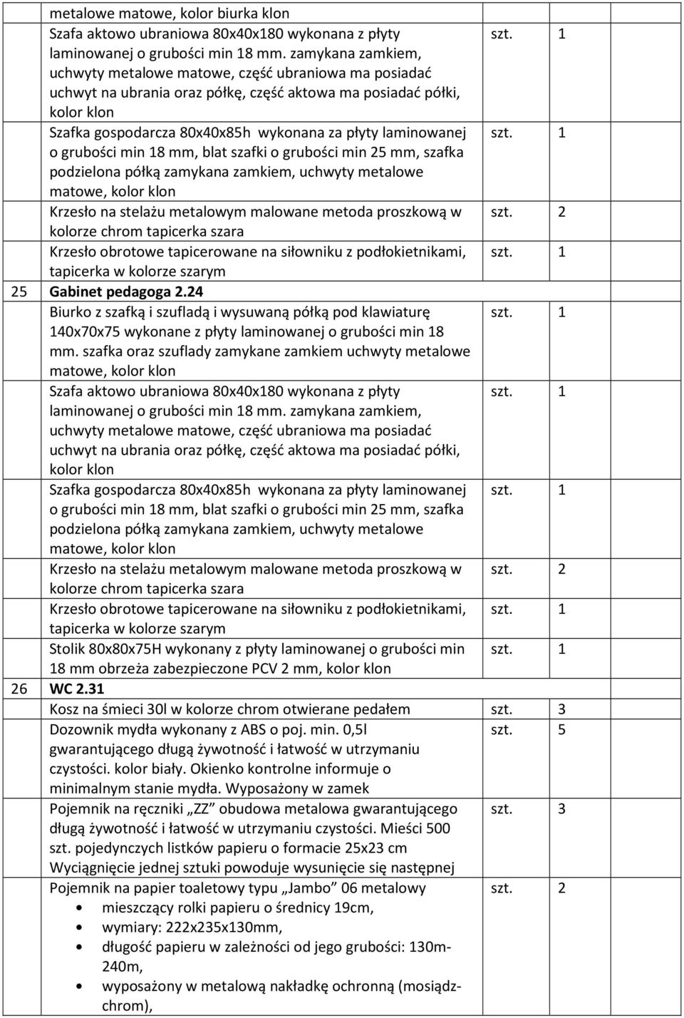 laminowanej o grubości min 18 mm, blat szafki o grubości min 25 mm, szafka podzielona półką zamykana zamkiem, uchwyty metalowe matowe, kolor klon Krzesło na stelażu metalowym malowane metoda