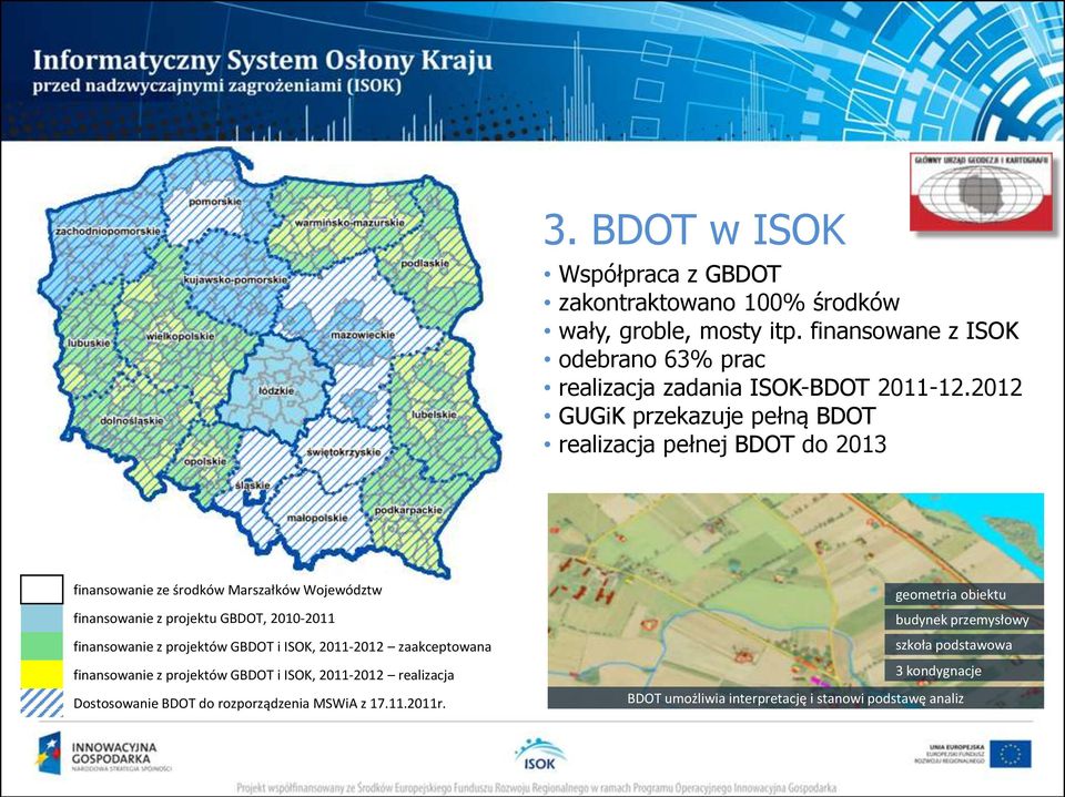 2012 GUGiK przekazuje pełną BDOT realizacja pełnej BDOT do 2013 finansowanie ze środków Marszałków Województw finansowanie z projektu GBDOT, 2010-2011