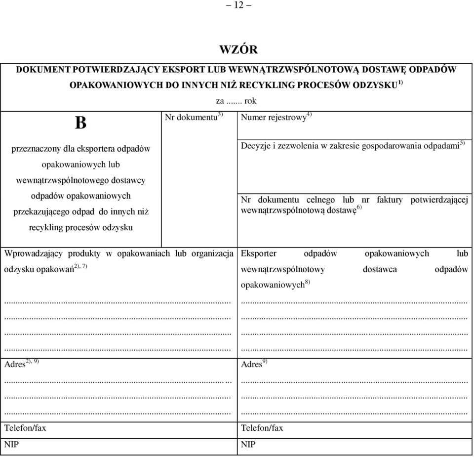 .. rok Nr dokumentu 3) Numer rejestrowy 4) Decyzje i zezwolenia w zakresie gospodarowania odpadami 5) Nr dokumentu celnego lub nr faktury potwierdzającej wewnątrzwspólnotową