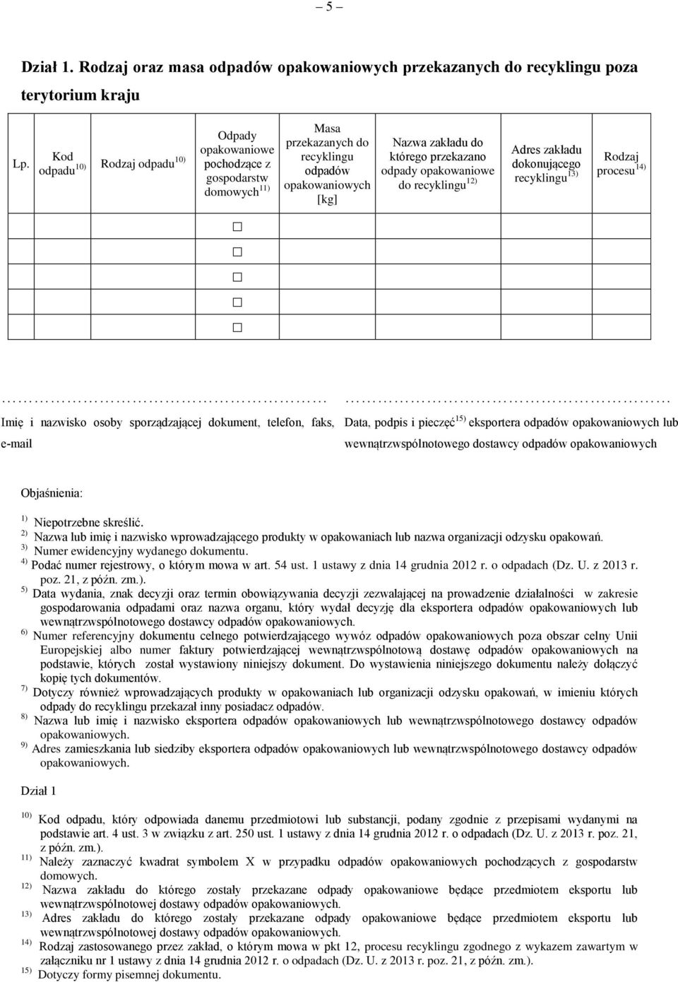 opakowaniowe do recyklingu 12) Adres zakładu dokonującego recyklingu 13) Rodzaj procesu 14) Imię i nazwisko osoby sporządzającej dokument, telefon, faks, e-mail Data, podpis i pieczęć 15) eksportera