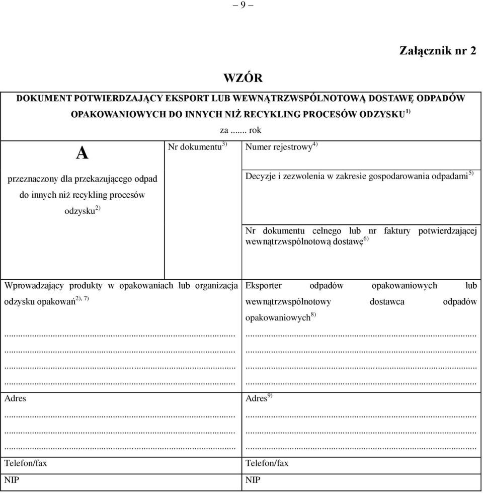 .. rok Nr dokumentu 3) Numer rejestrowy 4) Decyzje i zezwolenia w zakresie gospodarowania odpadami 5) Nr dokumentu celnego lub nr faktury potwierdzającej