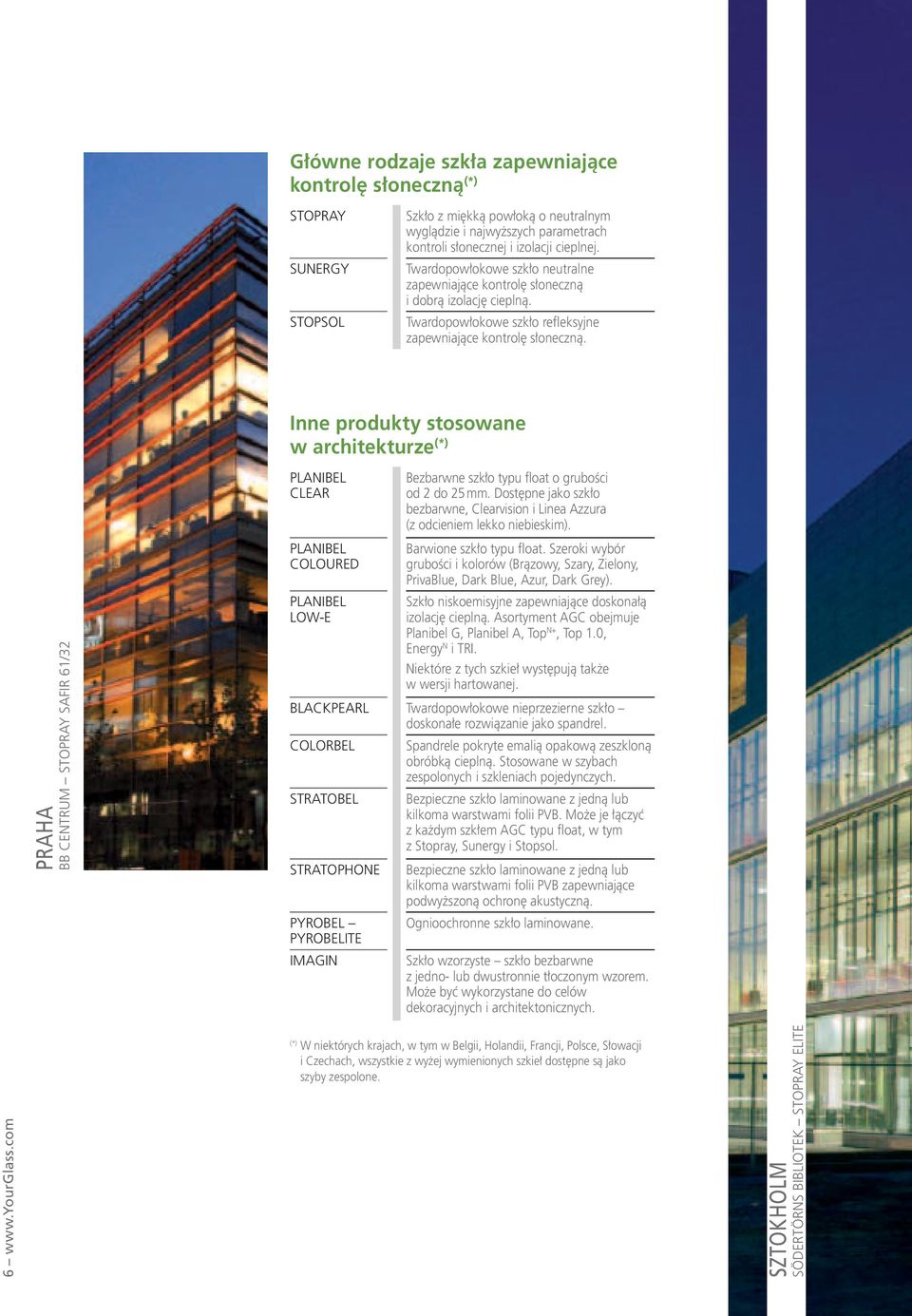 Inne produkty stosowane w architekturze (*) PRAHA BB CENTRUM STOPRAY SAFIR 61/32 PLANIBEL CLEAR PLANIBEL COLOURED PLANIBEL LOW-E Bezbarwne szkło typu float o grubości od 2 do 25 mm.