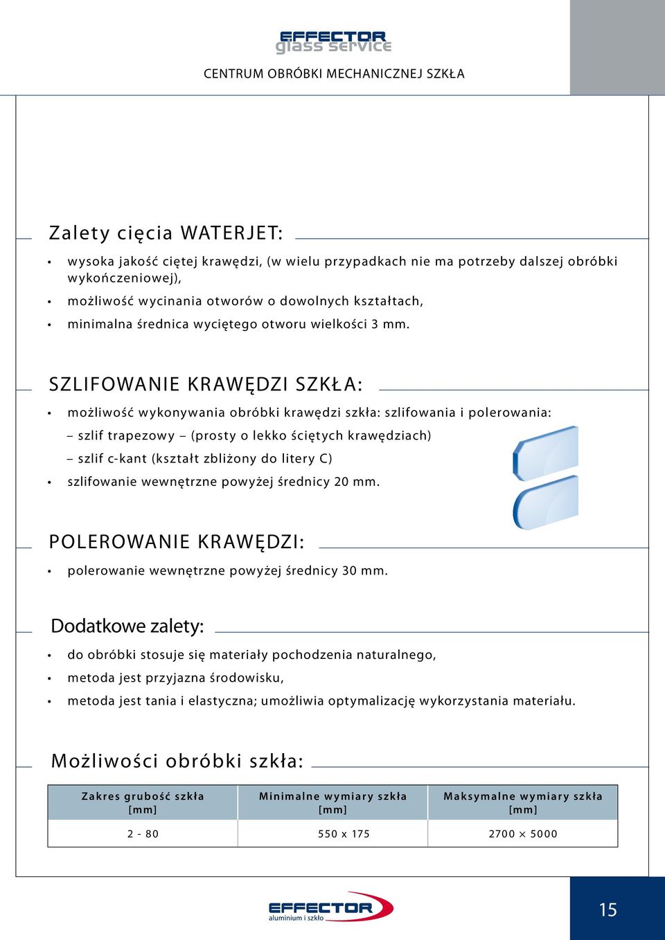 Szlifowanie krawędzi szkła: możliwość wykonywania obróbki krawędzi szkła: szlifowania i polerowania: szlif trapezowy (prosty o lekko ściętych krawędziach) szlif c-kant (kształt zbliżony do litery C)