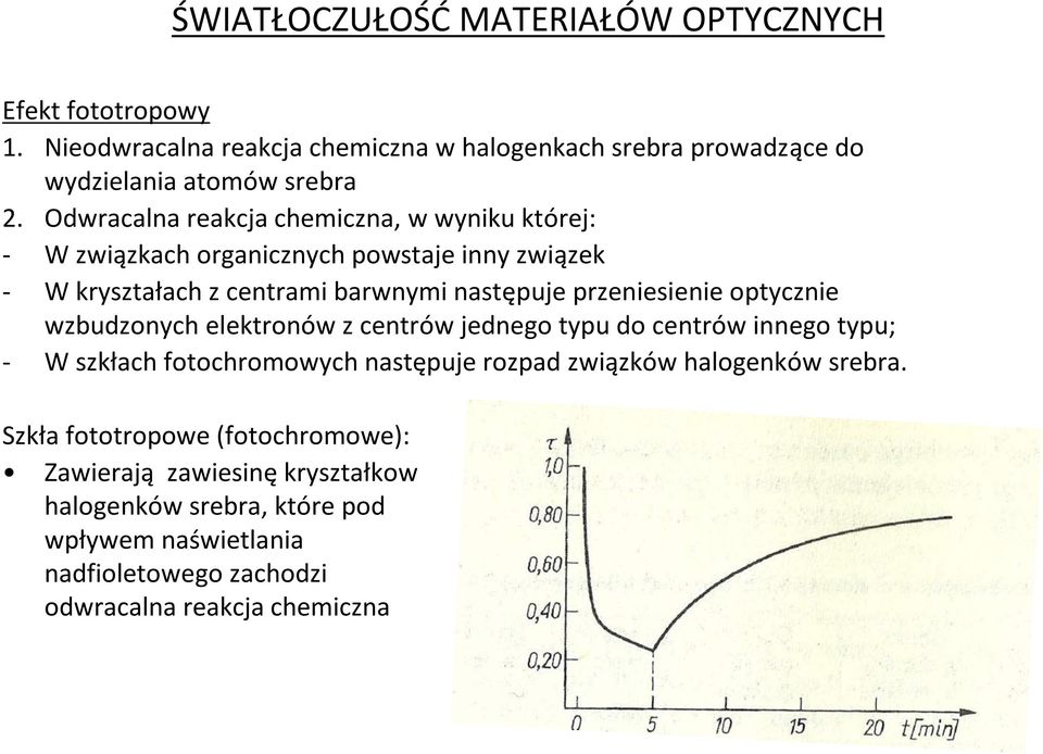 optycznie wzbudzonych elektronów z centrów jednego typu do centrów innego typu; - W szkłach fotochromowych następuje rozpad związków halogenków srebra.