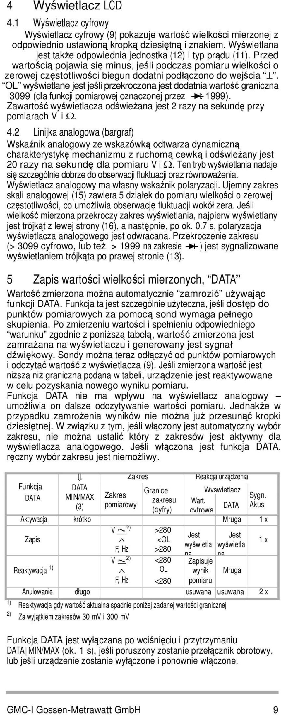 OL wyświetlane jest jeśli przekroczona jest dodatnia wartość graniczna 3099 (dla funkcji pomiarowej oznaczonej przez : 1999).