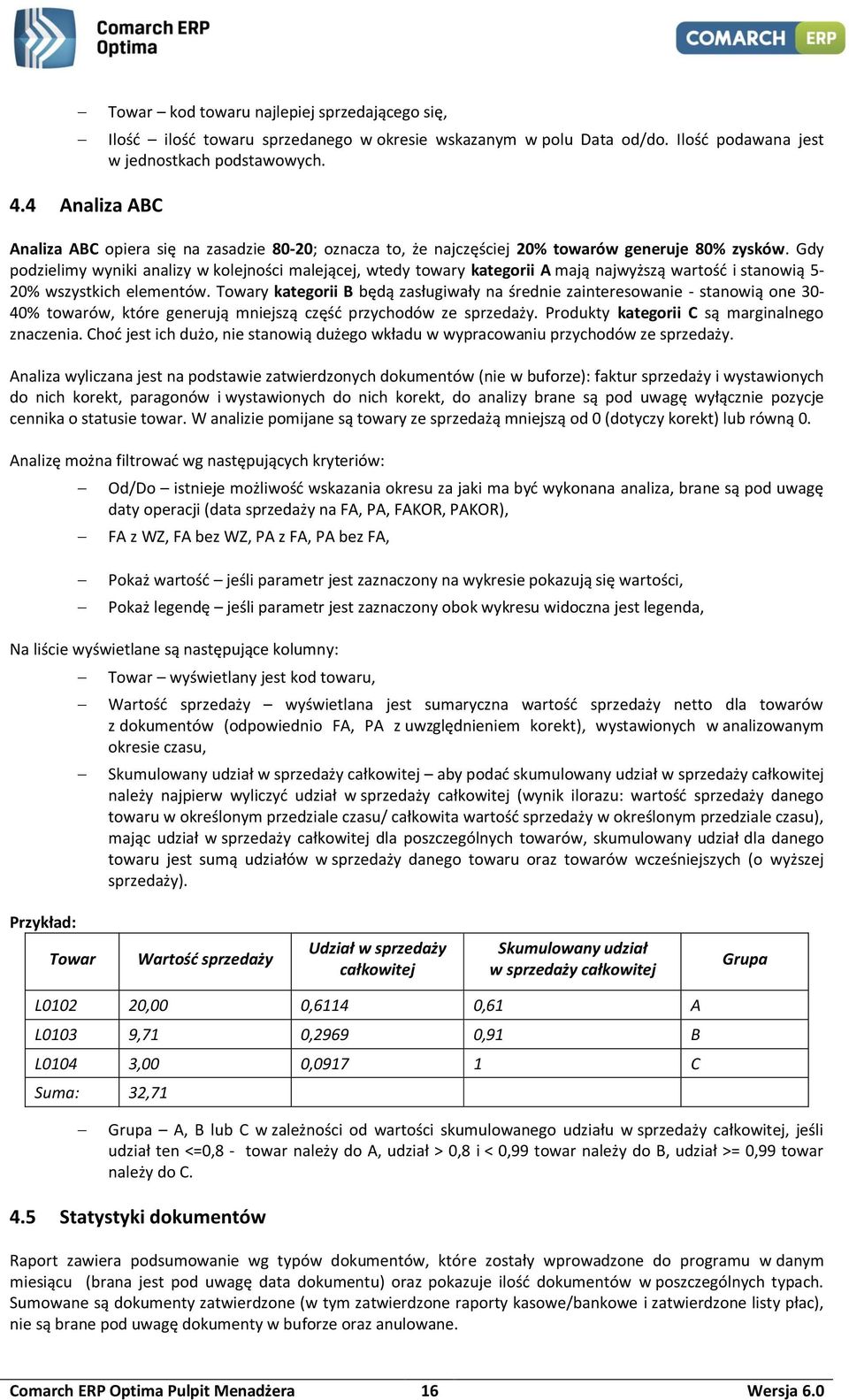 Gdy podzielimy wyniki analizy w kolejności malejącej, wtedy towary kategorii A mają najwyższą wartość i stanowią 5-20% wszystkich elementów.