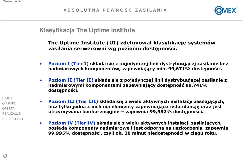 Poziom II (Tier II) składa się z pojedynczej linii dystrybuującej zasilanie z nadmiarowymi komponentami zapewniający dostępność 99,741% dostępności.